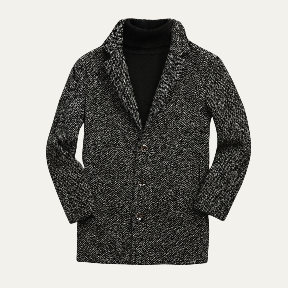Classic Grey Herringbone Wool Mens Coat - OutfitLondon