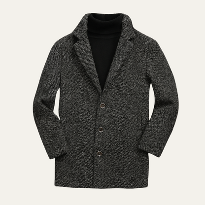 Classic Grey Herringbone Wool Mens Coat - OutfitLondon