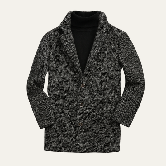Classic Grey Herringbone Wool Mens Coat - OutfitLondon