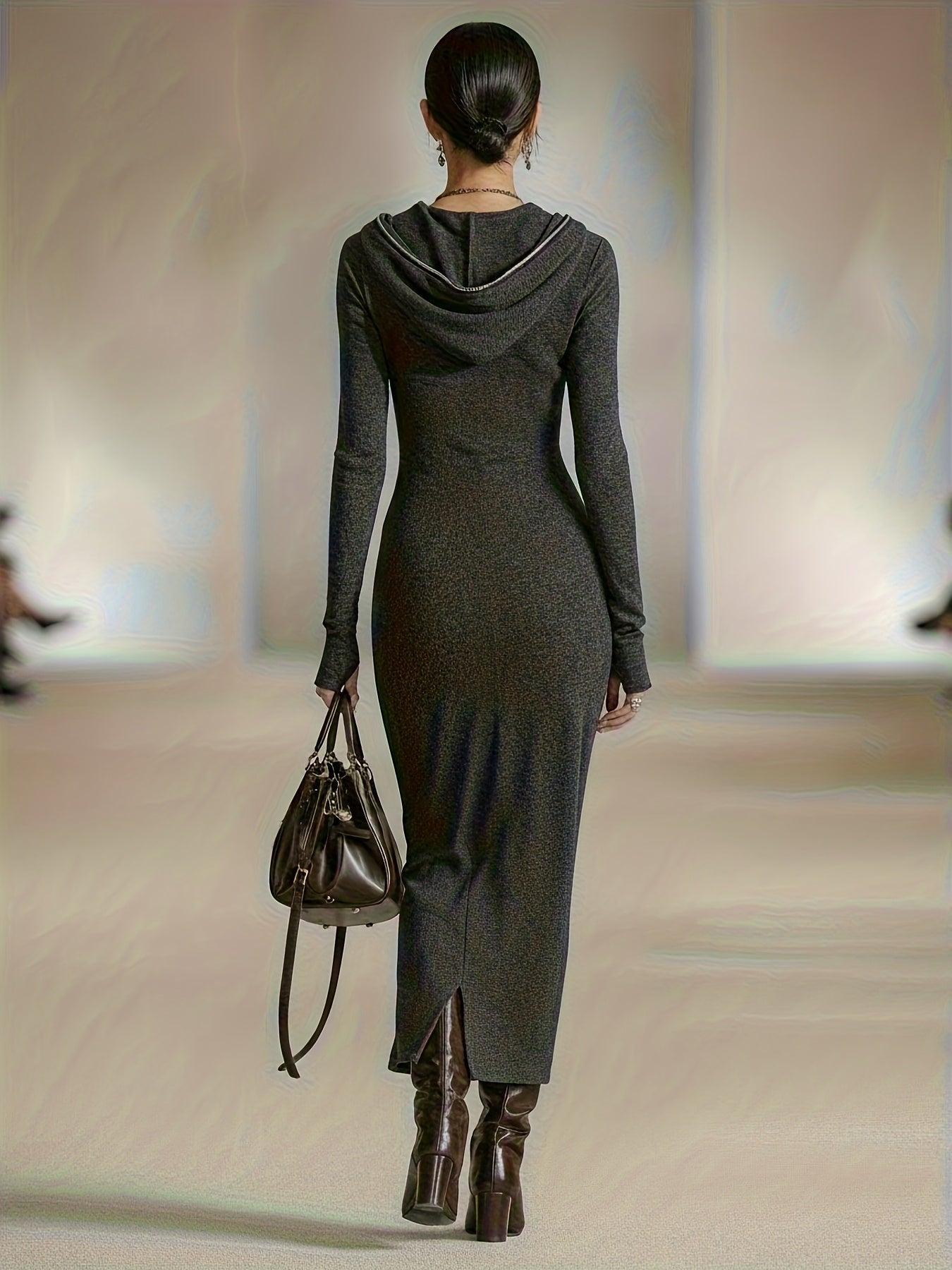 Cozy Hooded Zip Up Tunic Dress