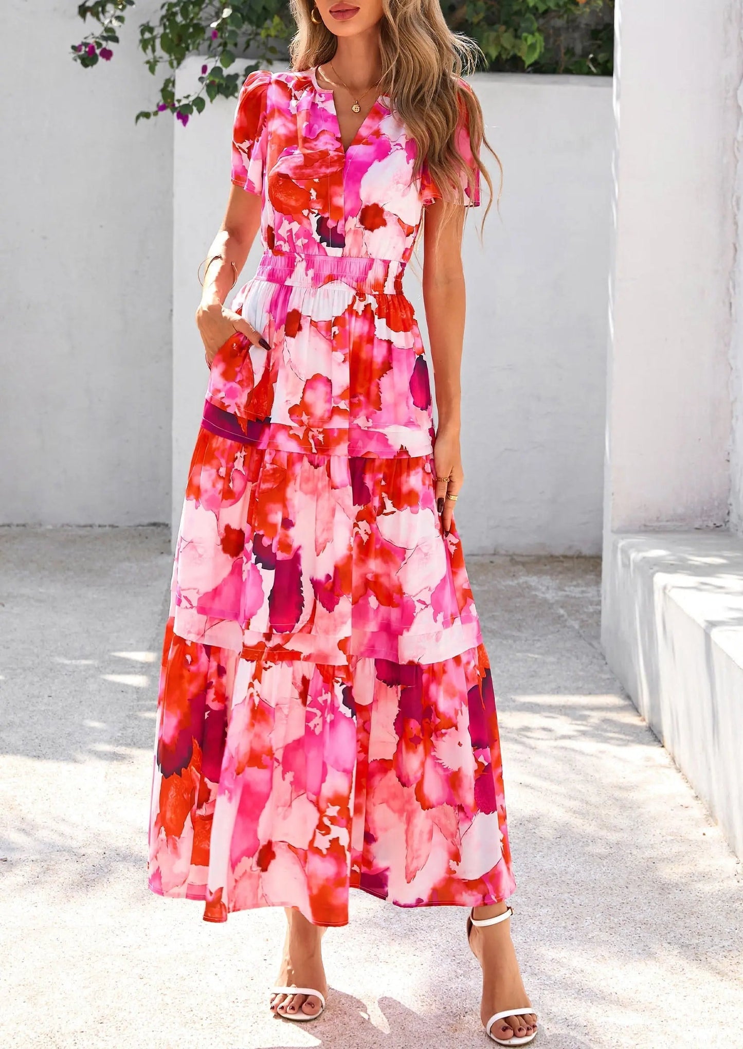 Casual Floral V Neck Flowy Beach Maxi Dress
