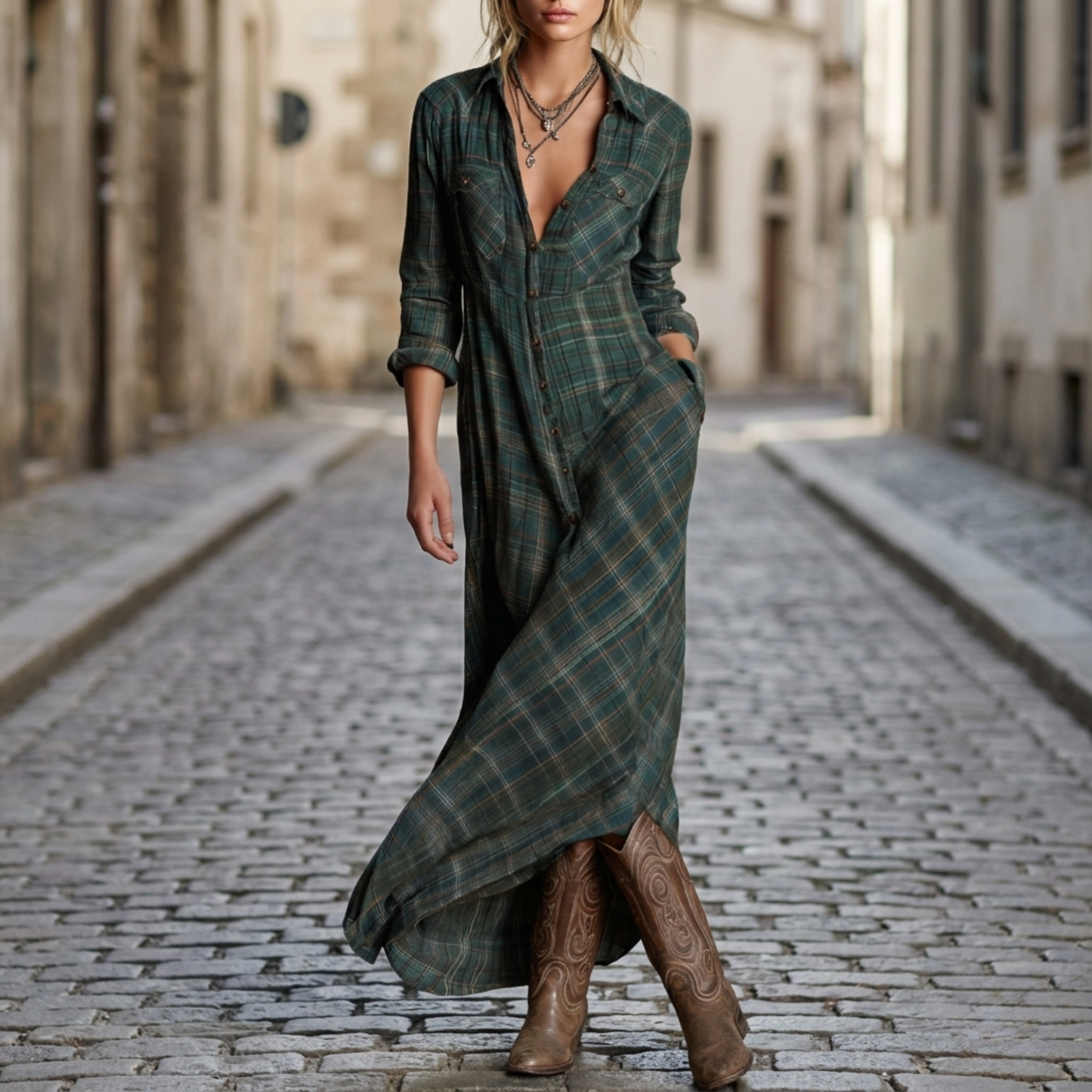 Long Plaid Shirt Dress for Women with Sleeves - OutfitLondon
