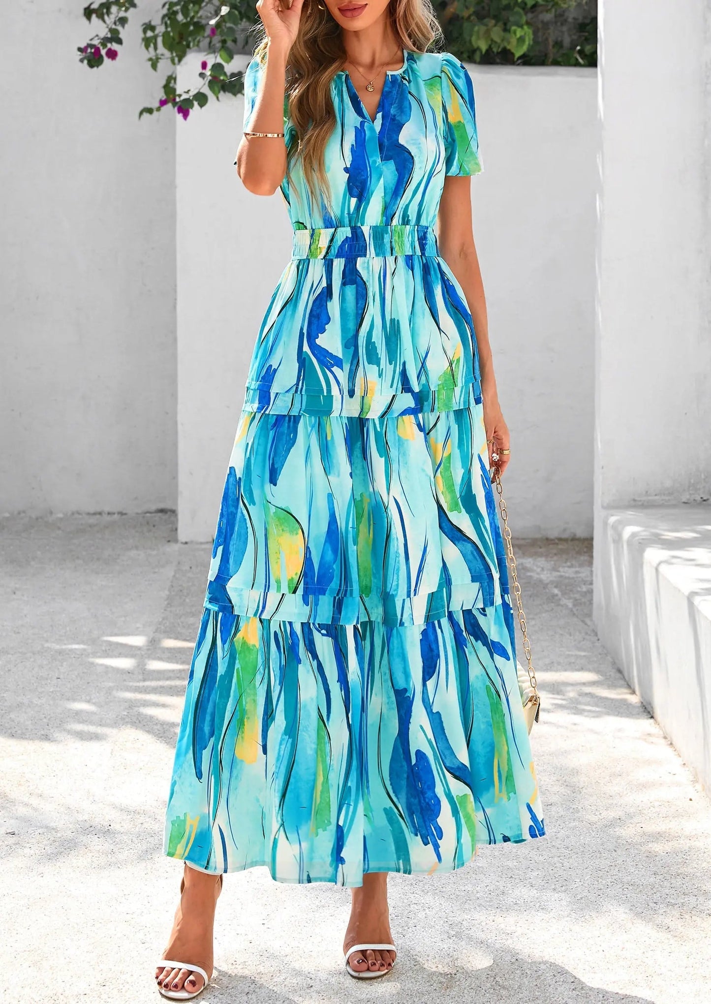 Casual Floral V Neck Flowy Beach Maxi Dress