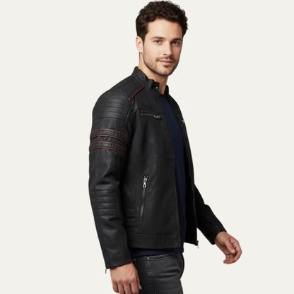 Men's Synthetic Leather Biker Jacket with Padded Details