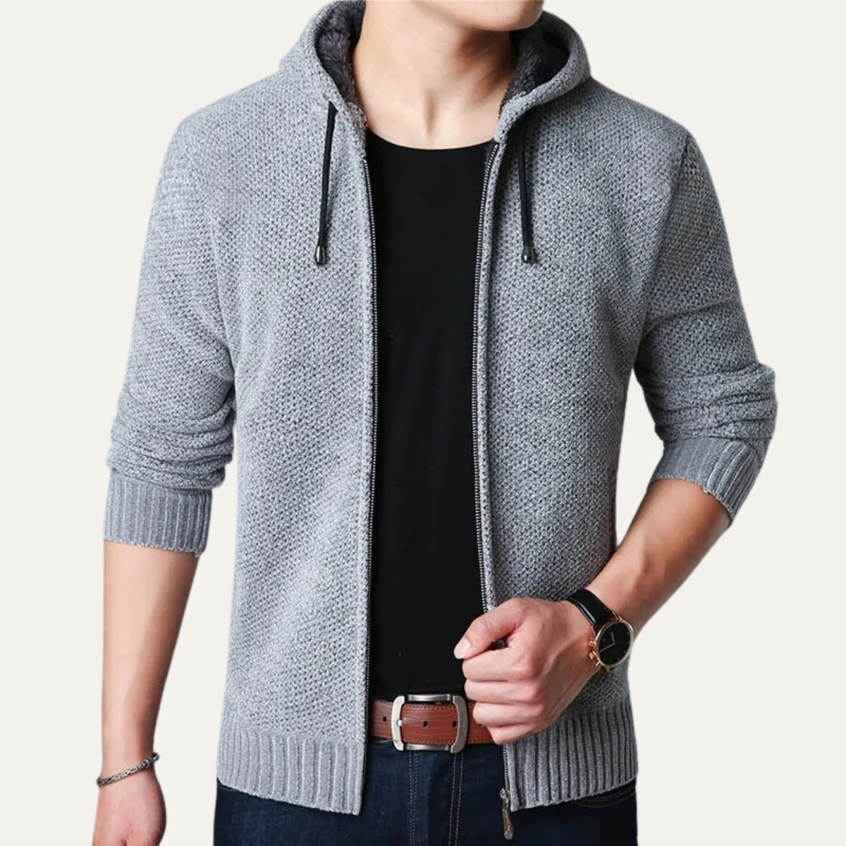 Relaxed Fit Men's Knit Zip Hoodie Jacket
