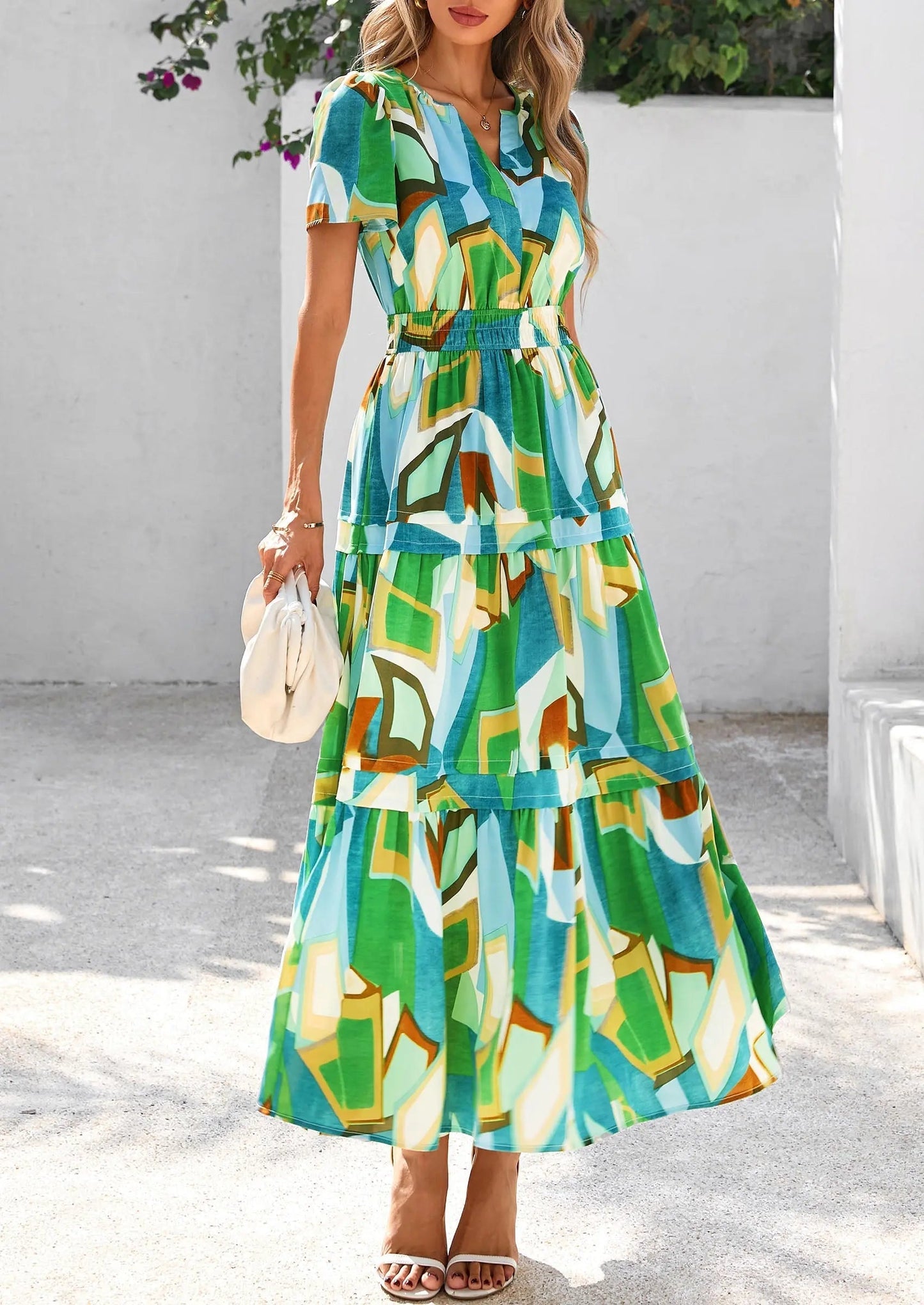 Casual Floral V Neck Flowy Beach Maxi Dress