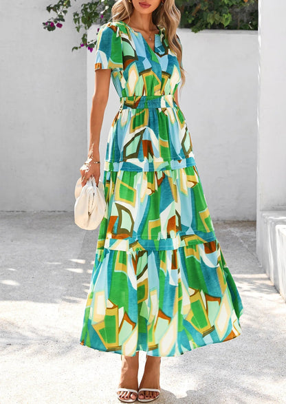 Casual Floral V Neck Flowy Beach Maxi Dress