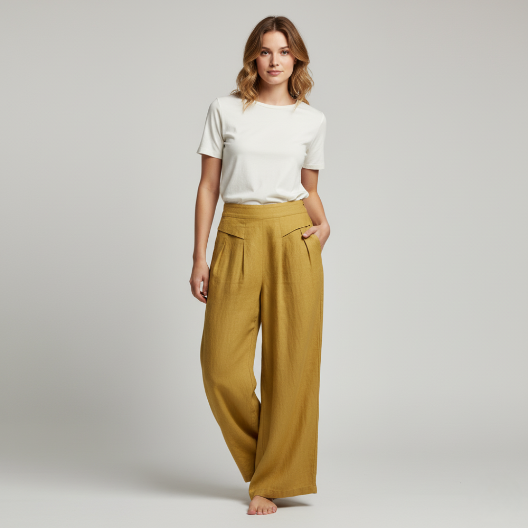 Relaxed Fit Beige Cotton Casual High Waist Trousers - OutfitLondon