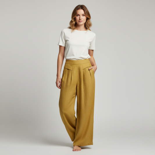 Relaxed Fit Beige Cotton Casual High Waist Trousers - OutfitLondon