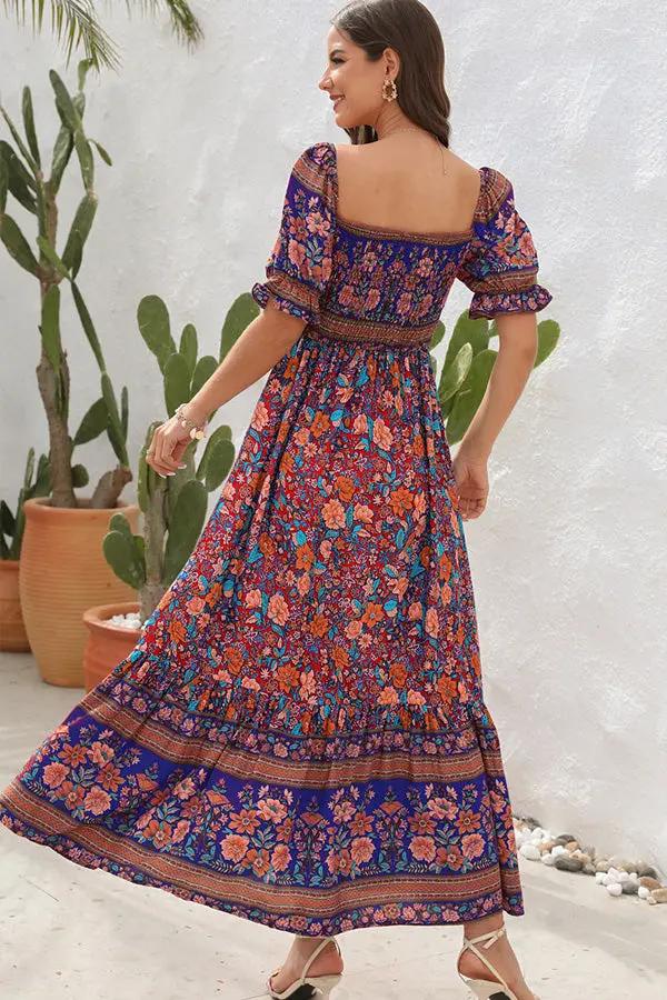 Tropical Floral Ruffled Short Sleeve Maxi Dress