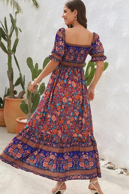 Tropical Floral Ruffled Short Sleeve Maxi Dress