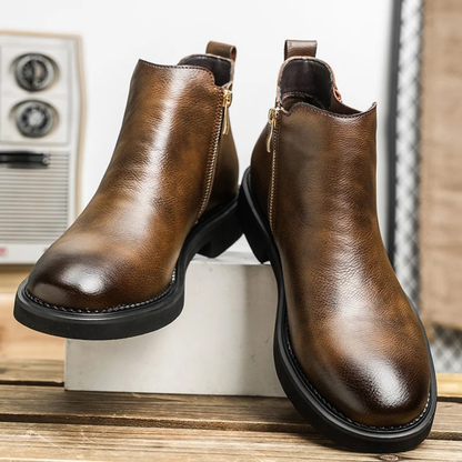 Classic Brown Leather Men's Ankle Boots Side Zip