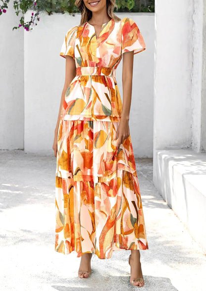 Casual Floral V Neck Flowy Beach Maxi Dress