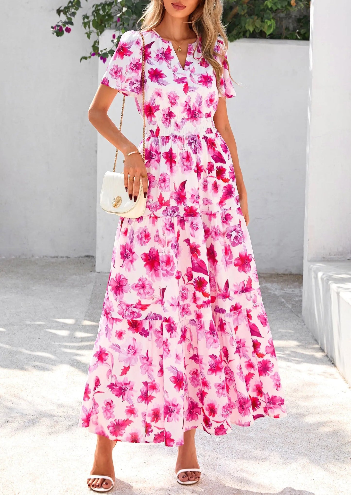 Casual Floral V Neck Flowy Beach Maxi Dress