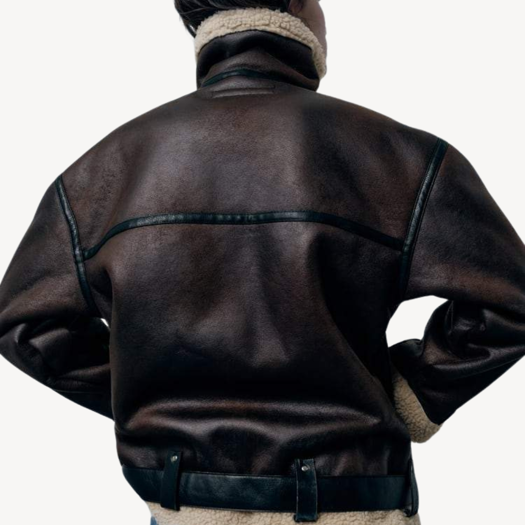 Ladies Synthetic Sheepskin Pilot Jacket Brown