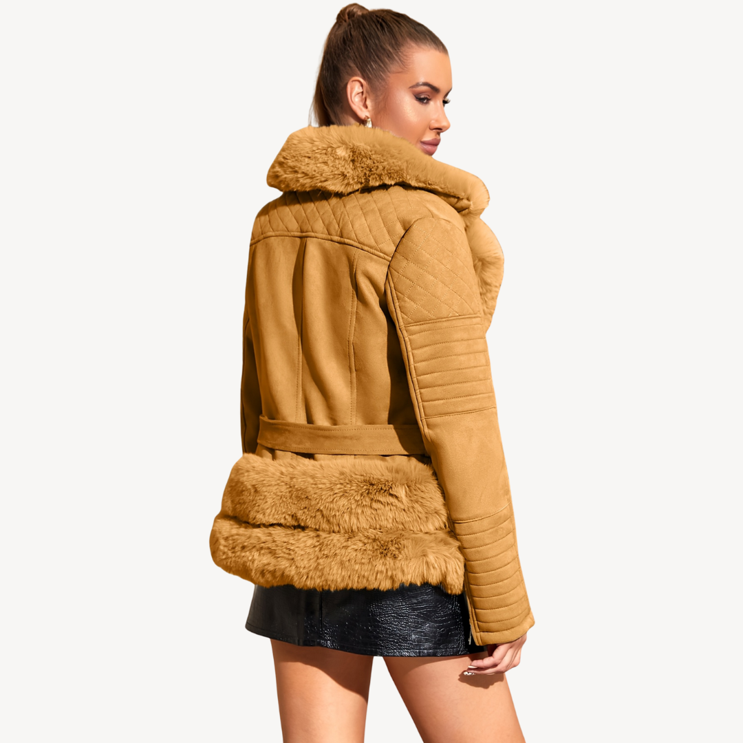 Warm Synthetic Leather Biker Jacket For Women Brown