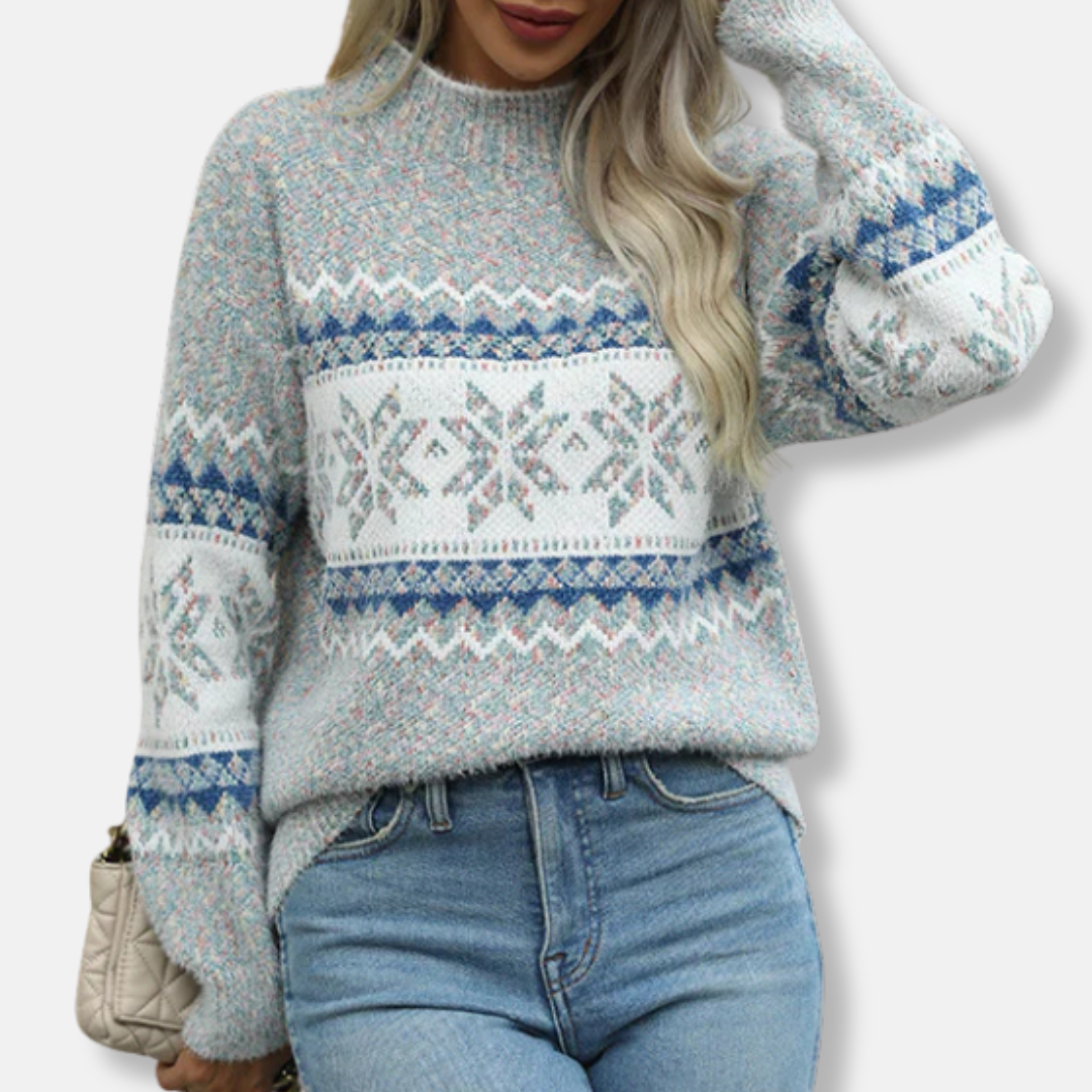 Cozy Womens Crew Neck Sweatshirt with Fair Isle Design - OutfitLondon