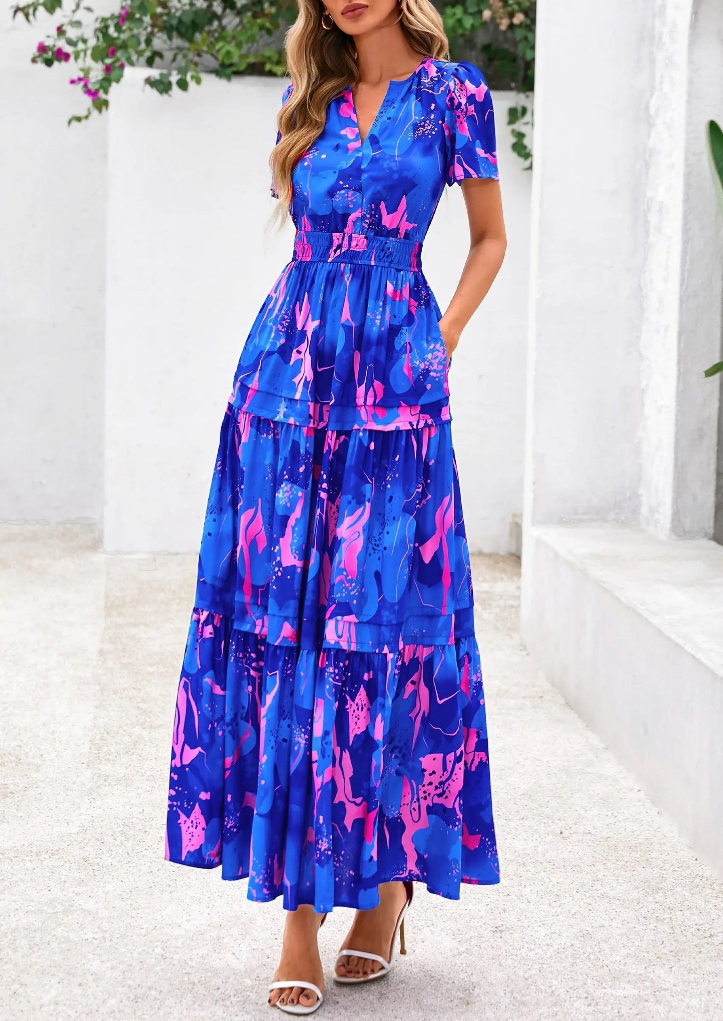 Casual Floral V Neck Flowy Beach Maxi Dress