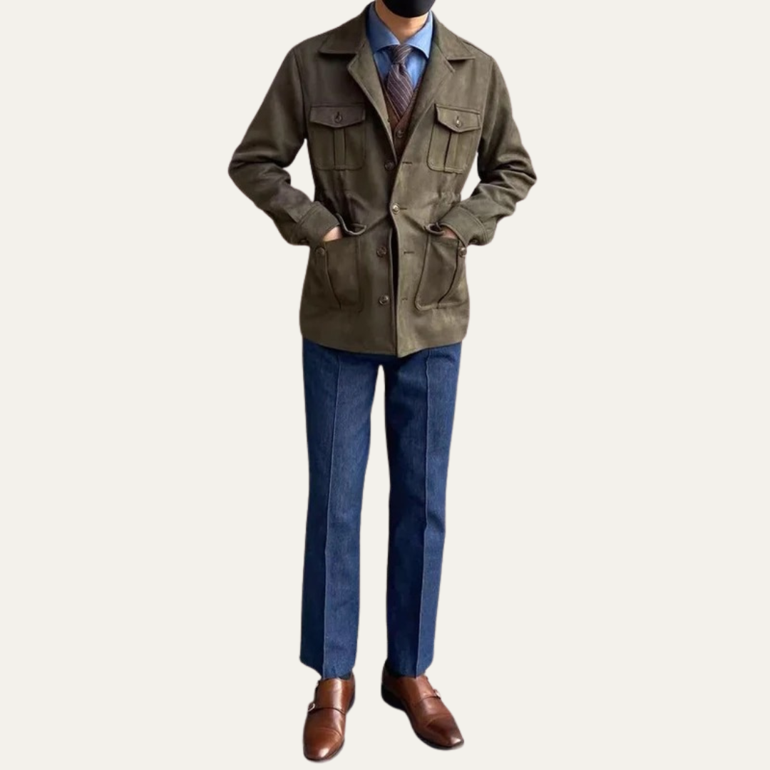 Men's Leather Field Coat with Multiple Pockets