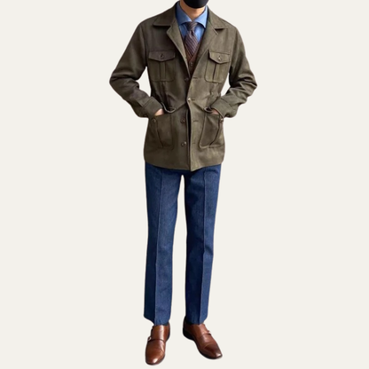 Men's Leather Field Coat with Multiple Pockets