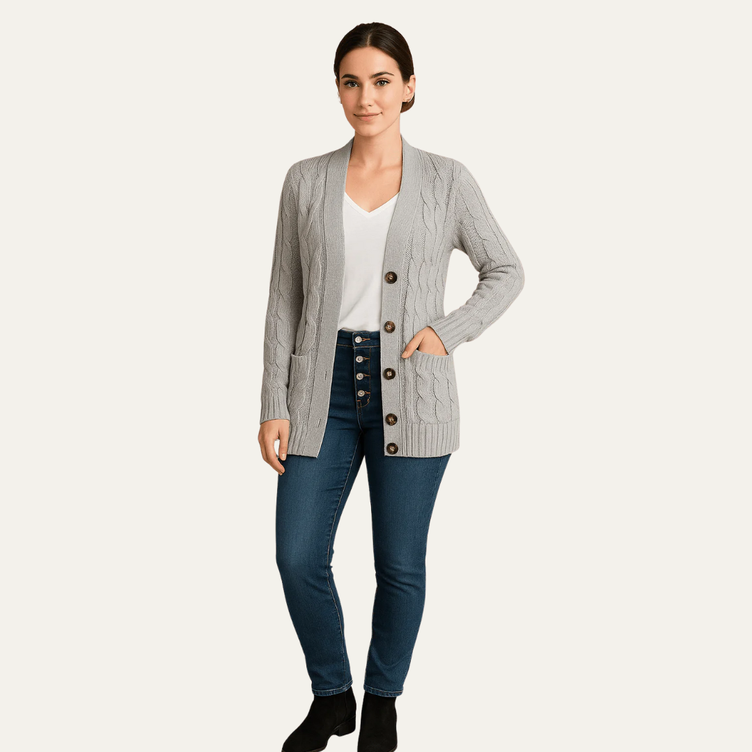Ladies Traditional Crew Neck Cardigan Sweater