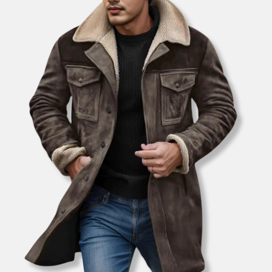 Relaxed Fit Suede Trench Coat with Faux Fur Collar