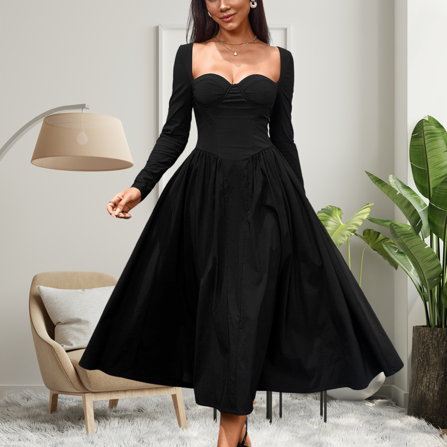 Chic V Neck Long Sleeve Maxi Dress