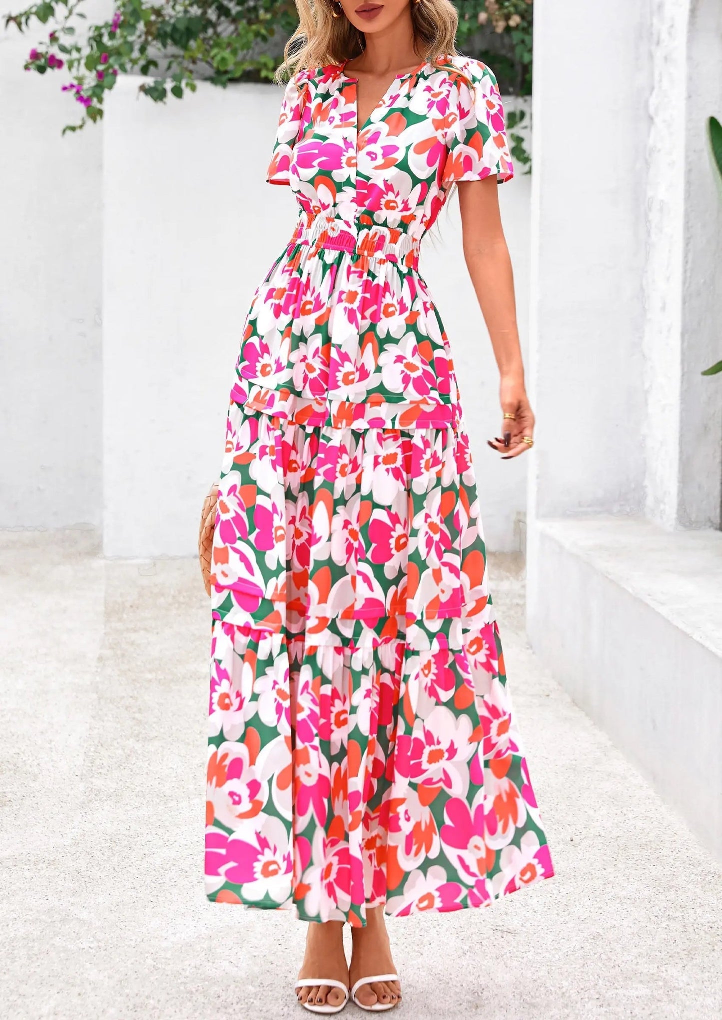 Casual Floral V Neck Flowy Beach Maxi Dress
