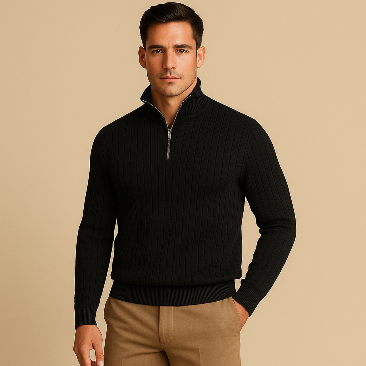 Textured Crew Neck Half Zip Sweater for Men