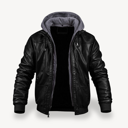 Men's Synthetic Leather Zip Jacket with Hood - OutfitLondon