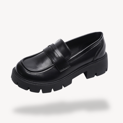 Ladies Synthetic Leather Block Heel Loafers