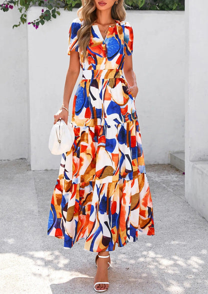 Casual Floral V Neck Flowy Beach Maxi Dress