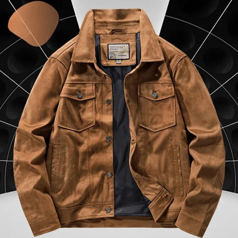 Men's Suede Jacket Rugged Turn Down Collar Brown - OutfitLondon