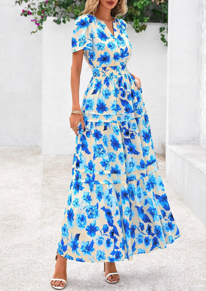 Casual Floral V Neck Flowy Beach Maxi Dress
