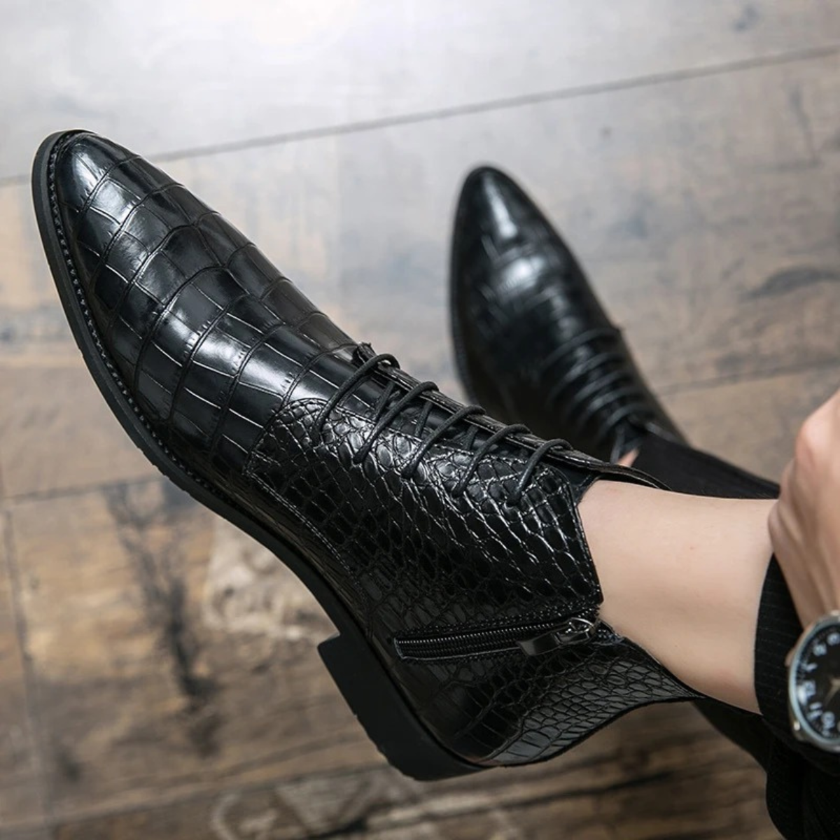 Men's Black Leather Alligator Print Ankle Boots