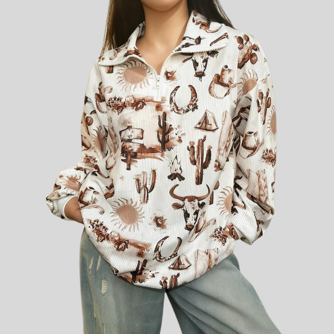 Comfy Women's Leopard Long Sleeve Zip Sweatshirt