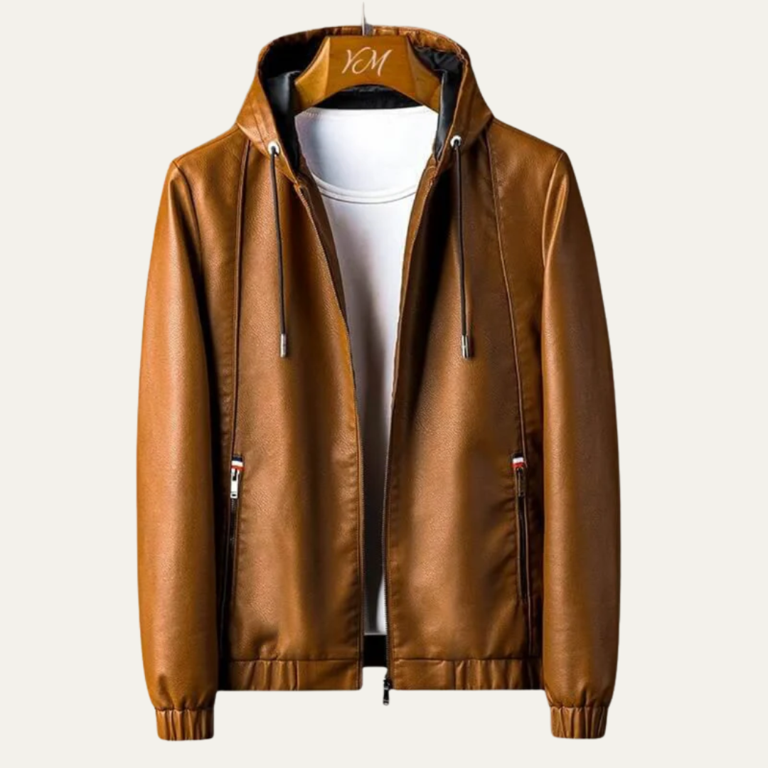 Men's Textured Synthetic Leather Hoodie Coat