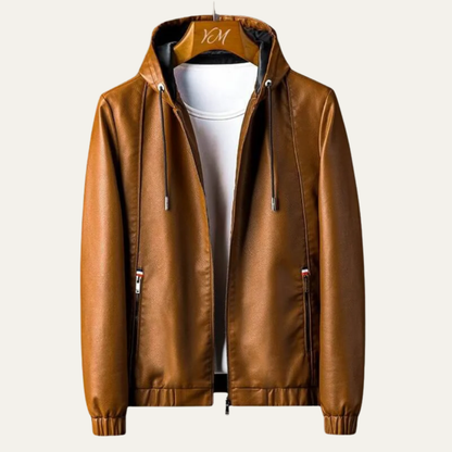 Men's Textured Synthetic Leather Hoodie Coat
