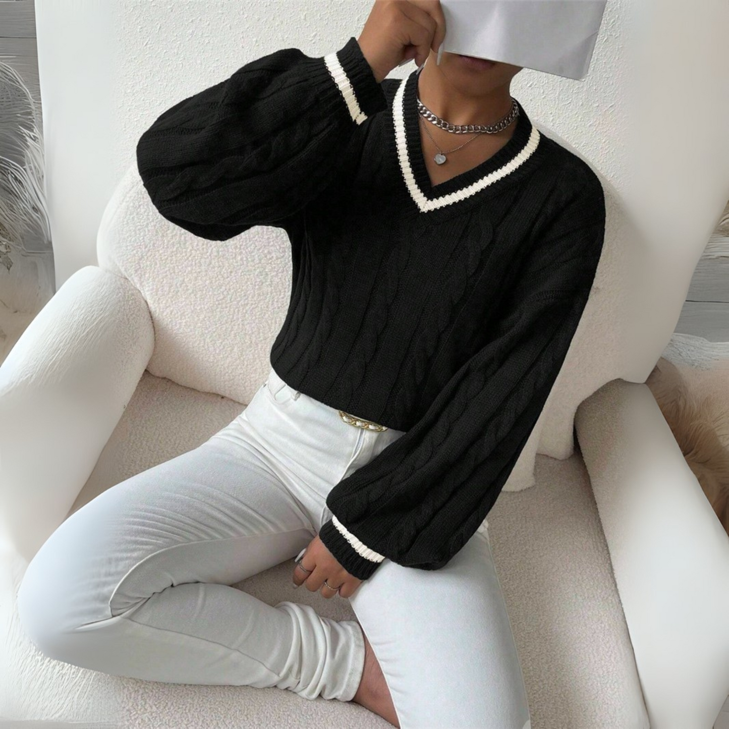 Stylish Women's V-Neck Long Sleeve Sweater