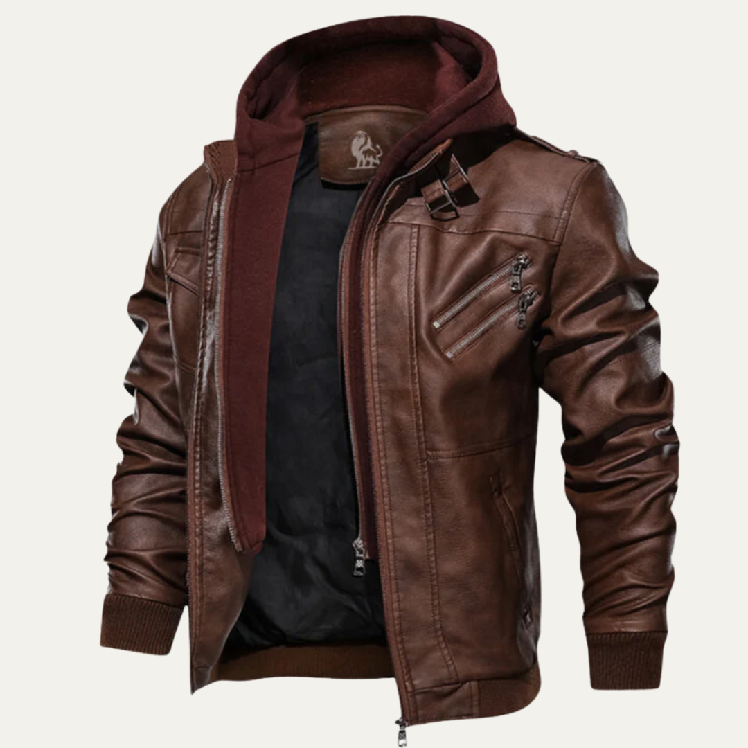 Men's Synthetic Biker Jacket with Detachable Hood