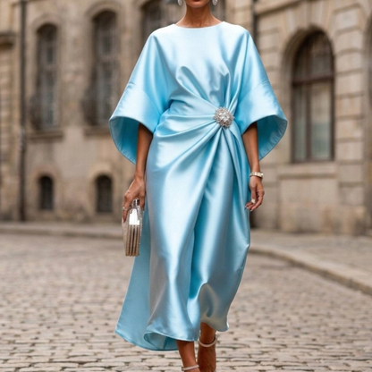Luxury Satin Midi Dress with Cape Sleeves