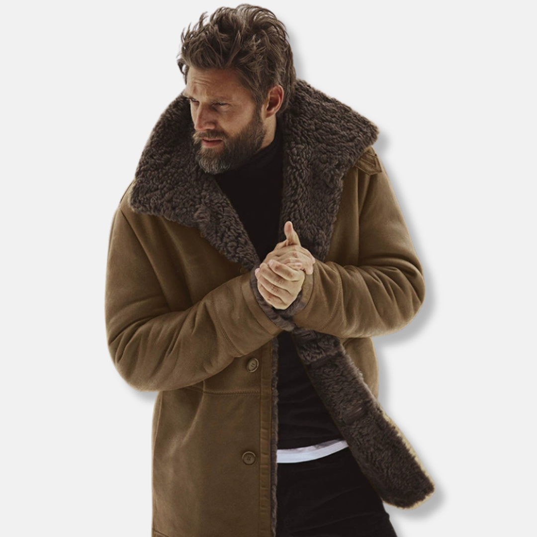 Casual Mens Coat with Shearling Collar and Buttons