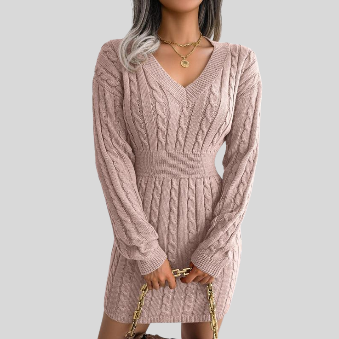 Soft Cable Knit V-Neck Sweater Dress for Women