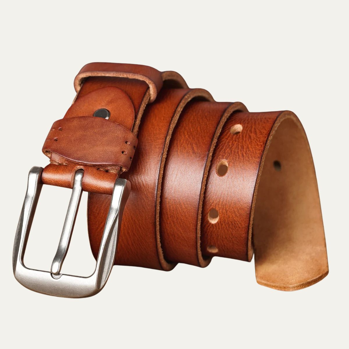 Brown Leather Belt with Traditional Metal Buckle