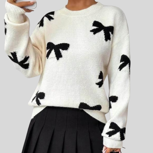 Stylish Bow Pattern Crew Neck Winter Sweater - OutfitLondon