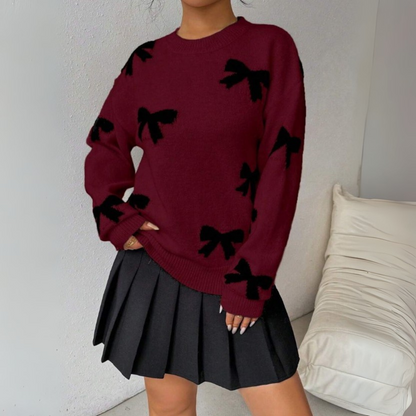 Cozy Bow Pattern Crew Neck Sweater