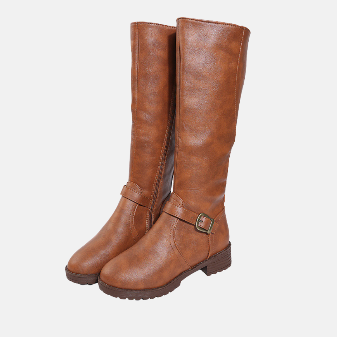 Brown Knee High Buckle Boots | Low Heel Ankle Boots - OutfitLondon
