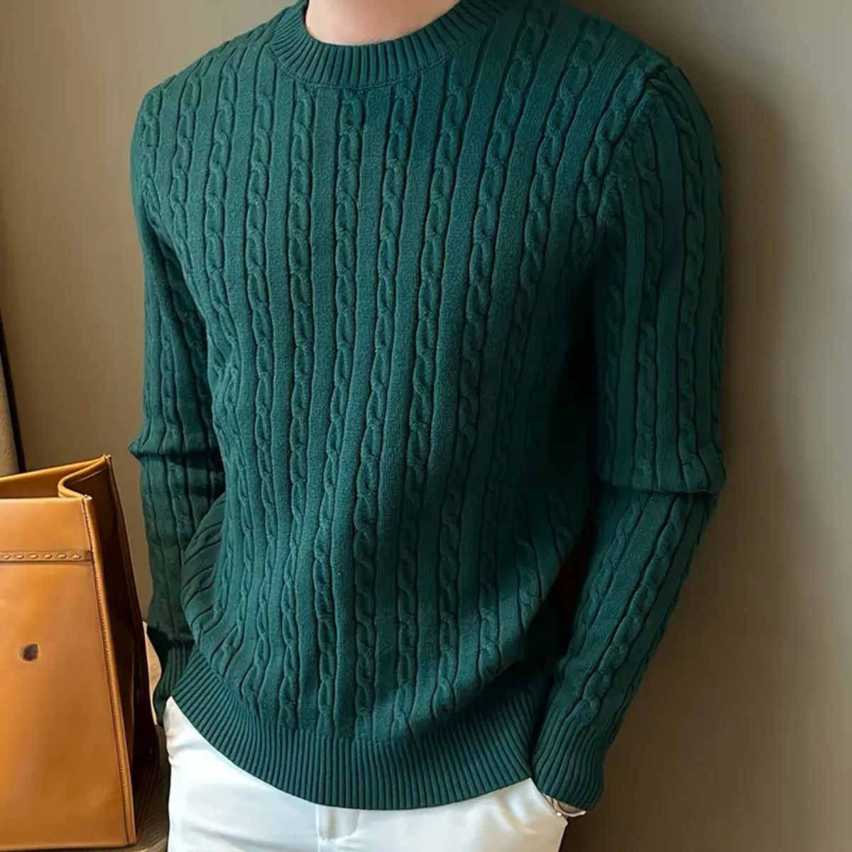 Luxury Green Mens Wool Crew Neck Sweater