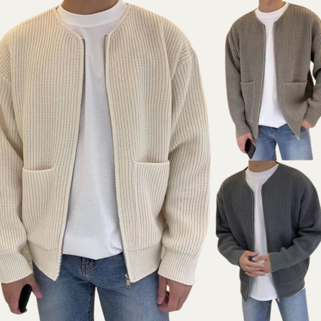 Thick Textured Crew Neck Cardigan Sweater