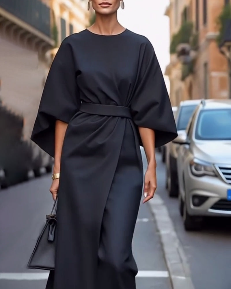 Stylish Dress with Bell Sleeves and Waist Belt